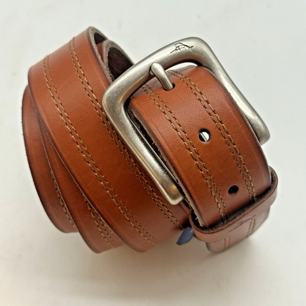 Tommy Bahama Genuine Leather Belt Men's L (38-40) Tan 1.25" Decorative Stitch